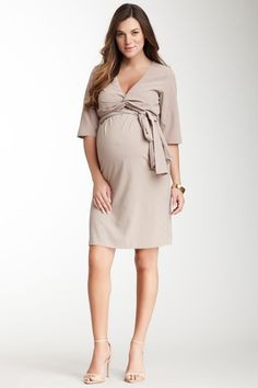 Parisian Taupe Madeline Maternity 3/4 Sleeve Wrap Dress (Like New - Size 1)  - Motherhood Closet - Maternity Consignment